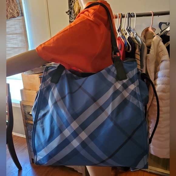 Burberry Blue & Black Plaid Nylon Tote Bag - Picture 14 of 16